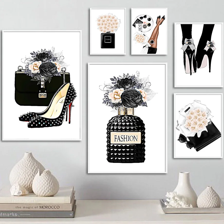 Perfume High Heels Rose Flower Bag Girl Wall Art Canvas Painting Nordic Posters And Prints Wall Pictures For Living Room Decor