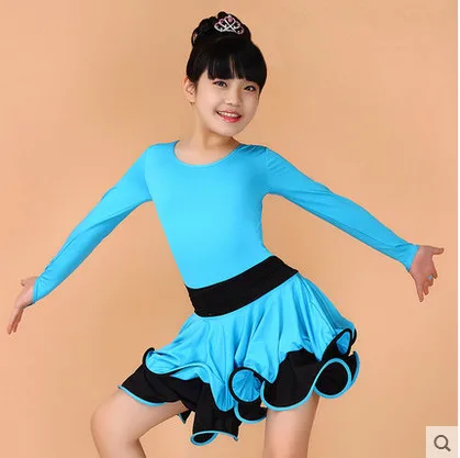 Blue long sleeve Детская одежда для девочек латиноамериканское танцевальное платье 3 цвета длинная, с коротким рукавом костюмы для латиноамериканских танцев юбка для девочек конкурс практика юбка Детское платье - Цвет: Blue long sleeve