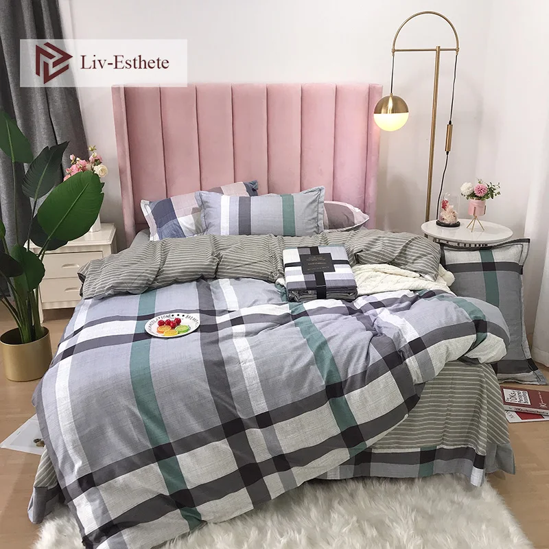 

Liv-Esthete Nordic Grid Luxury Bedding Set Flat Sheet Duvet Cover Double Queen Adult Pillowcase Bed Linen Set 4PCS Wholesale