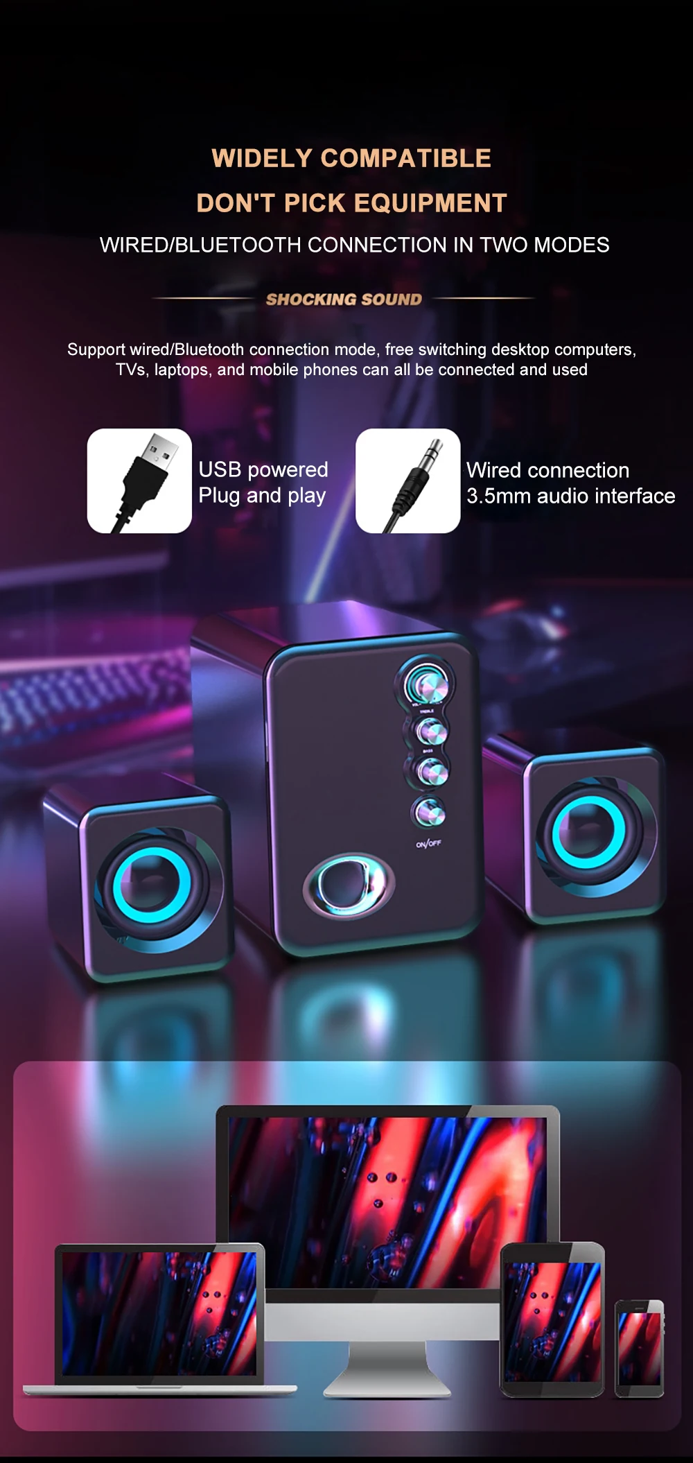 Computer Audio USB 2.1 Multimedia Bluetooth Overweight Subwoofer Desktop Home Speaker Wired Universal Audio