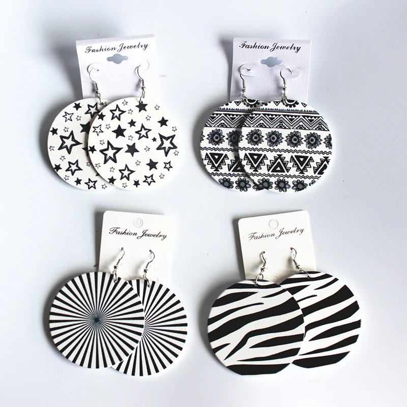 E260 Wood Round Africa Black White Stripes Zebra Printing Earring Wooden Diy Party Engagement Accessory African Jewelry 60cm