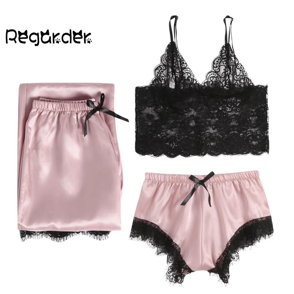 

Sleepwear Female Lace Lingerie Satin Nightwear Sexy Women V-Neck Sleeveless Night Tops Short Long Pant Lingerie 3PC Suits#g3