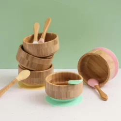 Mamimami 2 Pc/Set Baby Feeding Bowl Bamboo Spoon Set Kids Learning Tableware Toddler Training Suction Bowl Infant Dinnerware