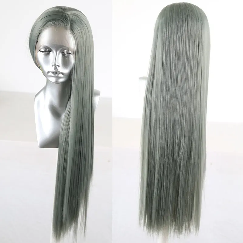 Прямые синтетические волосы BM Ash Green 13*3 парик на сетке спереди термостойкие из