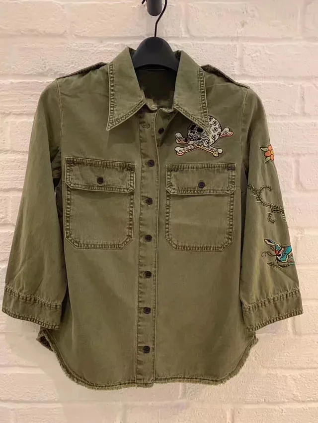 

Army Green Short Mili Cotton Shirt Jacket ROCK Skull Embroidery CHEST POCKETS 3/4 SLEEVES embroidery High quality TOP WOMAN 2019