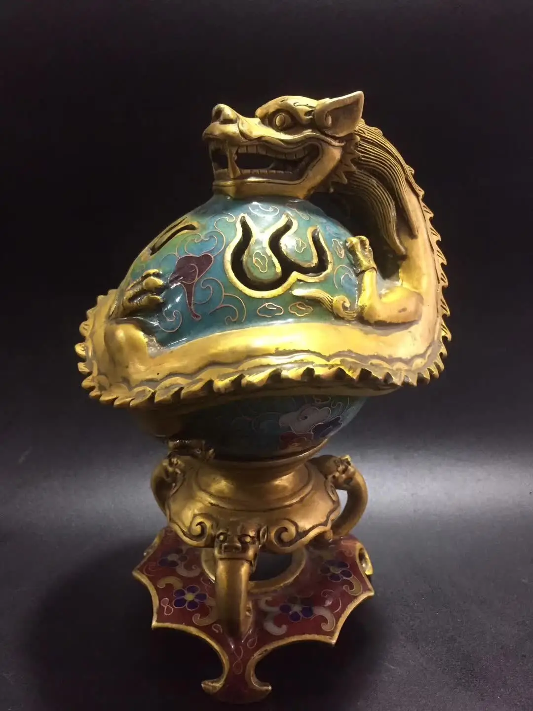 

Pure Bronze Cloisonne Carving Flower Dragon Head Incense Burner Censer Safe And Good Luck Home Decoration