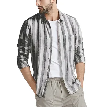 

Men Shirt Vintage Striped Button Linen Solid Long Sleeve Retro Tops Blouse Plus Size hawaiian shirt 2XL camisa masculina shirts