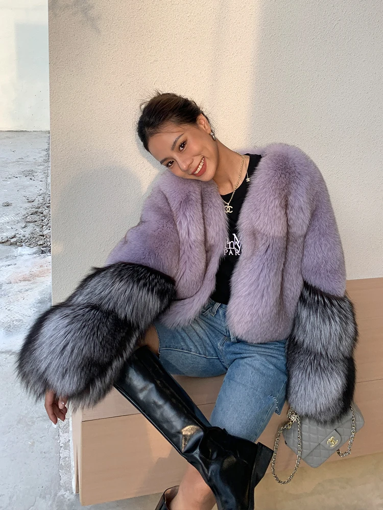 Natural Fox Fur Jacket Winter Women 2022 New Light Purple Genuine Fox Fur Coats V-Neck with Silver Fox Fur Sleeve Cuffs Outwear