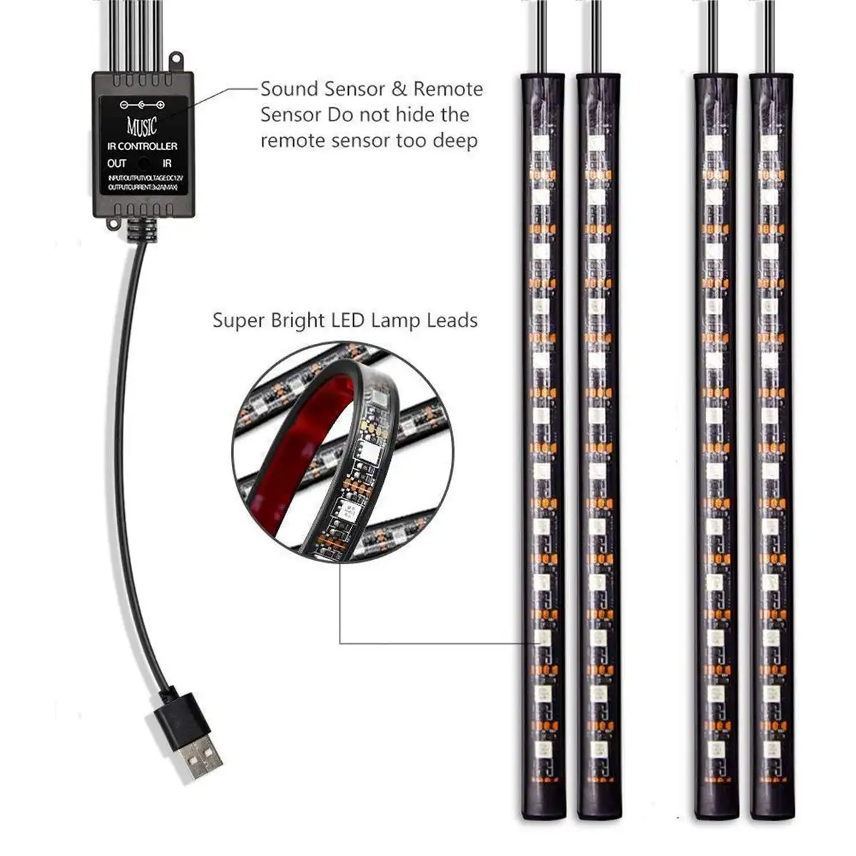 4 шт. USB автомобиля RGB Светодиодные полосы света 16 цветов DJ музыка декоративный дизайн автомобиля Atmospheres лампы салона автомобиля свет с пультом 12 В