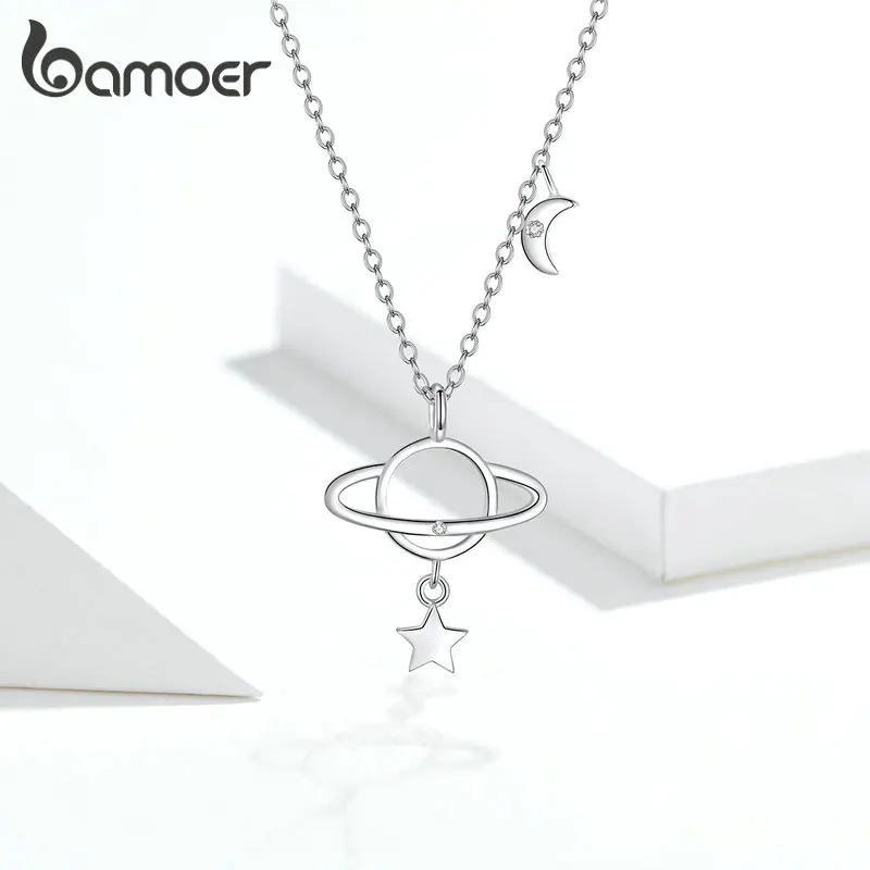 

bamoer Moon and Star Planet Pendant Necklace for Women Minimalist Simple 925 Sterling Silver Fine Jewelry Bijoux GXN349