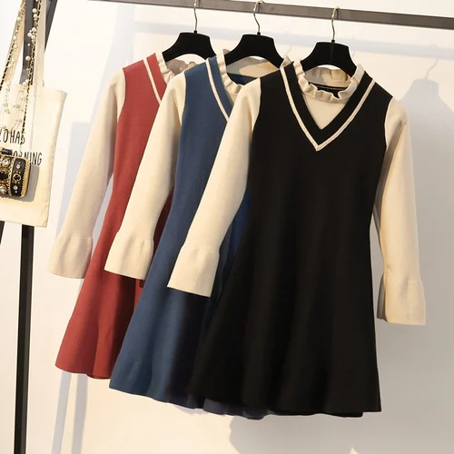 

Plus Size 4XL Women Knit Fake 2 Pieces Dress Ruffles O-Neck Long Sleeve Loose High Waist Knitted Dress Lady Autumn Winter Dress
