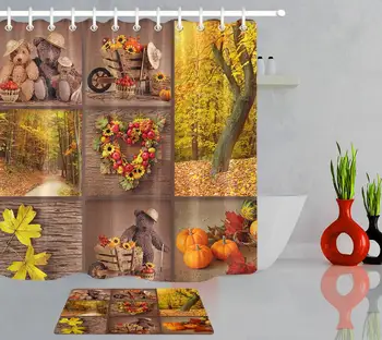

Rustic Autumn Harvest Pumpkin Wheelbarrow Thanksgiving Bathroom Shower Curtain Set Home Bath Decoration Non-slip Mat