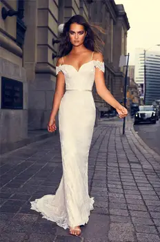 

Mermaid Lace Boho Wedding Dresses Off the Shoulder Simple Elegant Reception bridal Gowns Informal Beach Wedding gowns Custom Mad