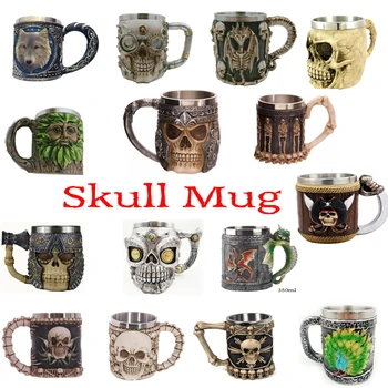 

Stainless Steel Skull Mug Viking Ram Horned Pit Lord Warrior Beer Stein Tankard Coffee Mug Tea Cup Halloween Bar Drinkware Gift