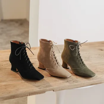 

MLJUESE 2020 women ankle boots cow suede square toe lace up winter short plush high heels women boots party dress size 40 party