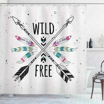 

Tribal Shower Curtain, Crossed Arrows with Wild and Free Motivation Words Primitive Illustration, Cloth Fabric Bathroom Decor