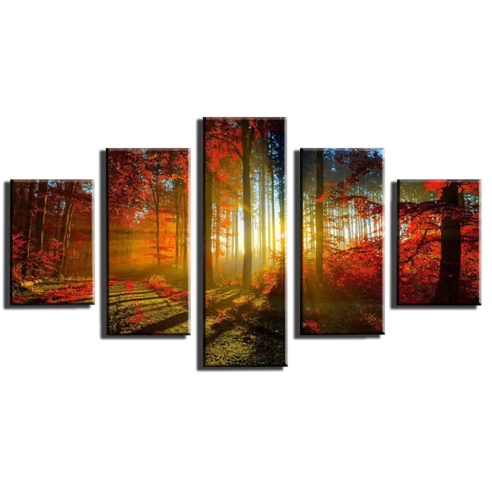 5 Pieces Red Forest Sunrise Natural Scenery