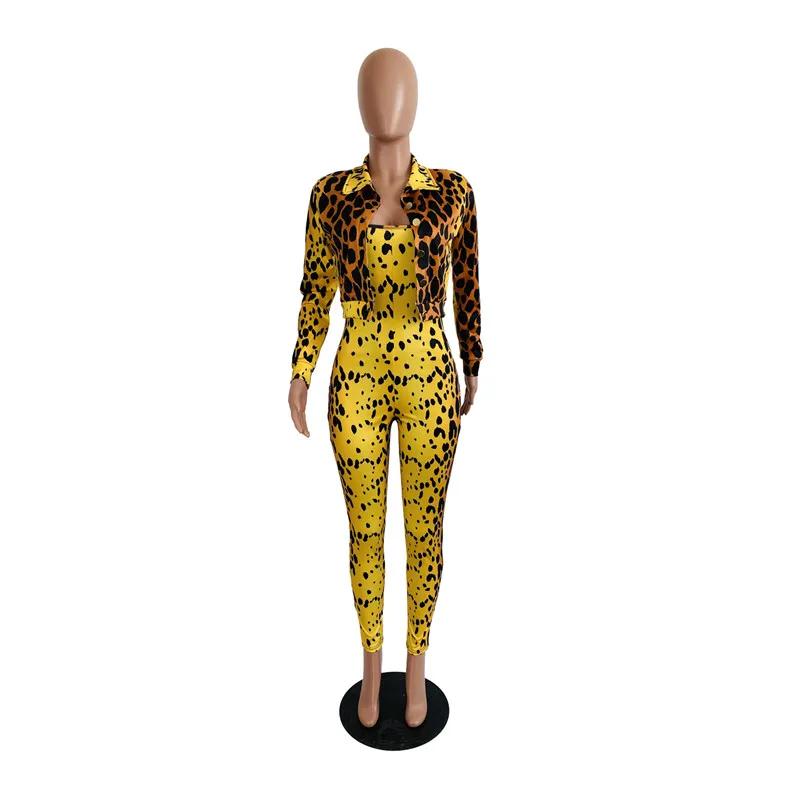 Yellow Leopard Print 2020 Women Two Piece Set Long Sleeve Short Jacket Coat Skinny Spaghetti Straps Jumpsuit Fashion Sexy Suit
