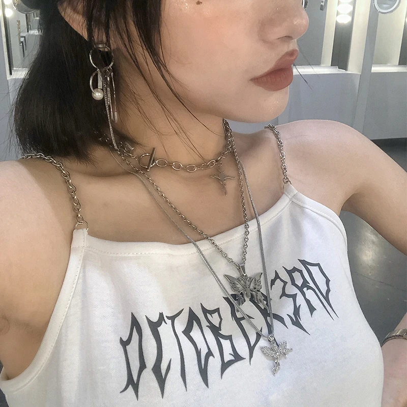 HUANZHI 2020 3pcs/set Three Layer Butterfly Cross Angel Pendant Metal Chain Necklace for Women Punk Cool Guy Jewelry