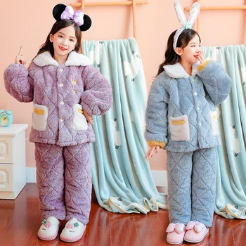 

Winter Girls Pajamas Sets Thicken Warm Nightwear Flannel Pockets Buttons Pajama Homewear Kids Clothes Girls 8 To 12 pijama set