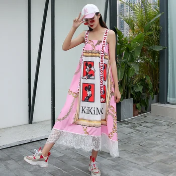 

Tide brand temperament mid-length skirt 2020 Korean summer dress new cartoon printing suspenders French dress female lace dress
