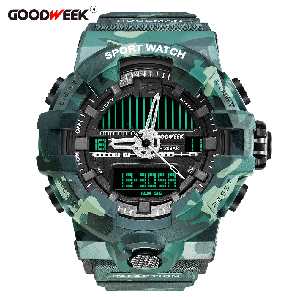 

GOODWEEK Army Military Sport Watch Men Digital Waterproof Shock Resitant Quartz Watches Chronograph Dual Display Watches Reloj