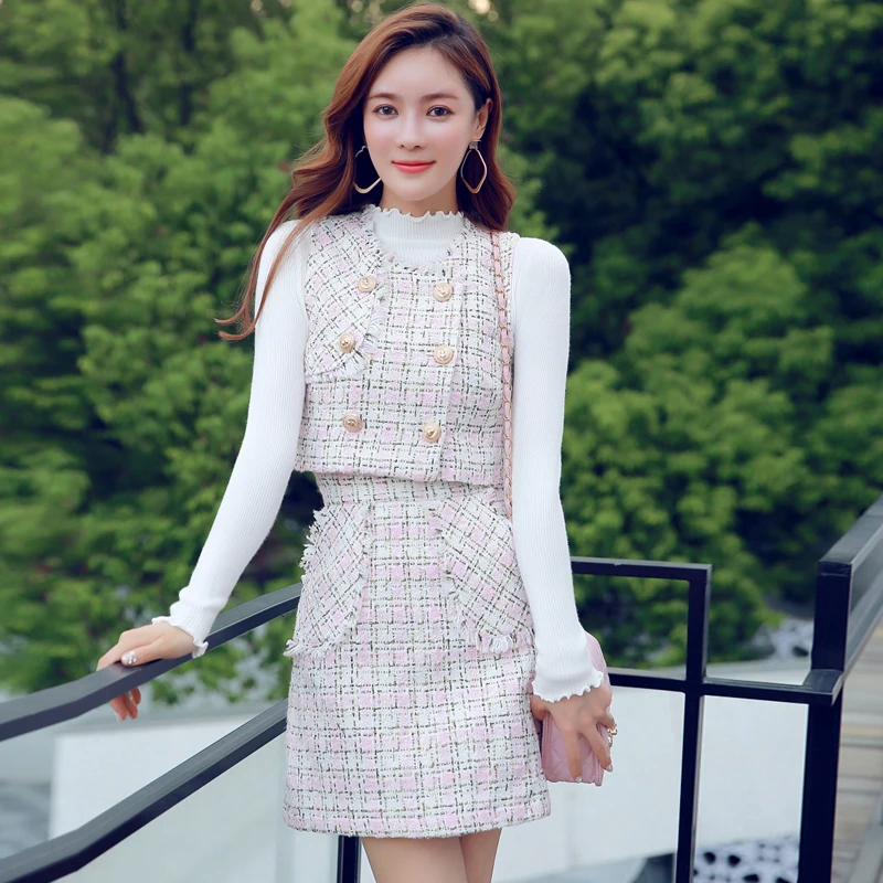 

2019 Autumn Winter Sweet Clothes Set Girl Skirt Suit Women Plaid Golden Button Tweed Vest Top + High Waist Pocket Mini Skirt Set