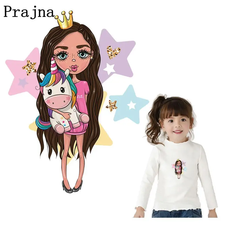 

Prajna Unicorn Girl Iron On Heat Transfers Vinyl Cartoon Ironing Thermal Stickers On Clothes DIY Patches For Clothing Applique