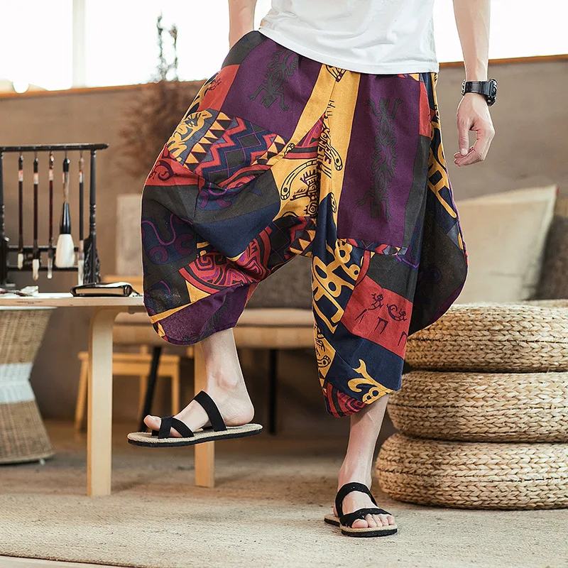 

2019 Summer Chinese-style Cotton Linen Capri Pants Men's Nation Nepal Thailand Casual Flower Pants Trend