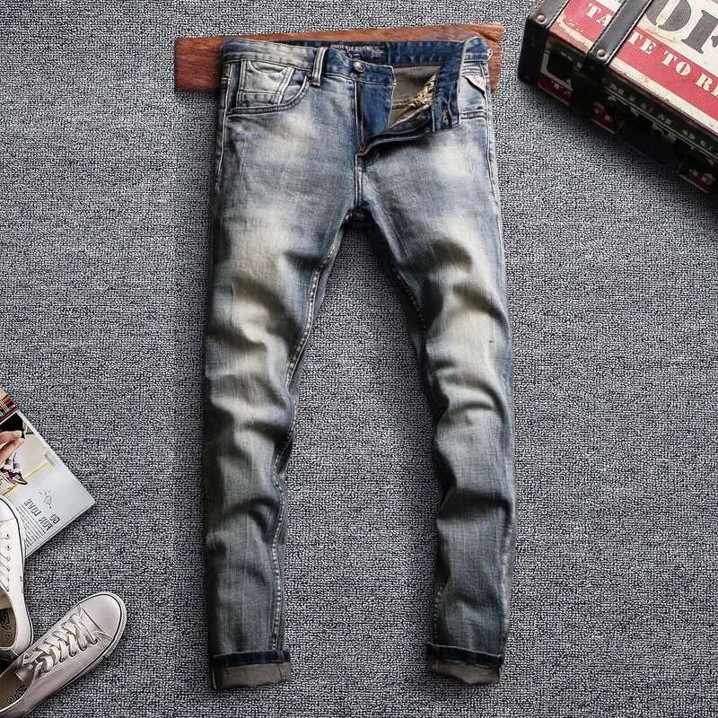 

Italian Style Fashion Men Jeans Retro Wash Elastic Slim Fit Vintage Jeans High Quality Classical Designer Jeans Men Pencil Pants