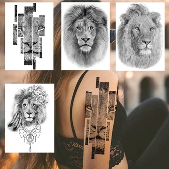 

Sketch Realistic Lion Temporary Tattoos Sticker For Men Women Body Arm Leg Art Tatoos Washable King Of Beast Fake Feather Tattoo