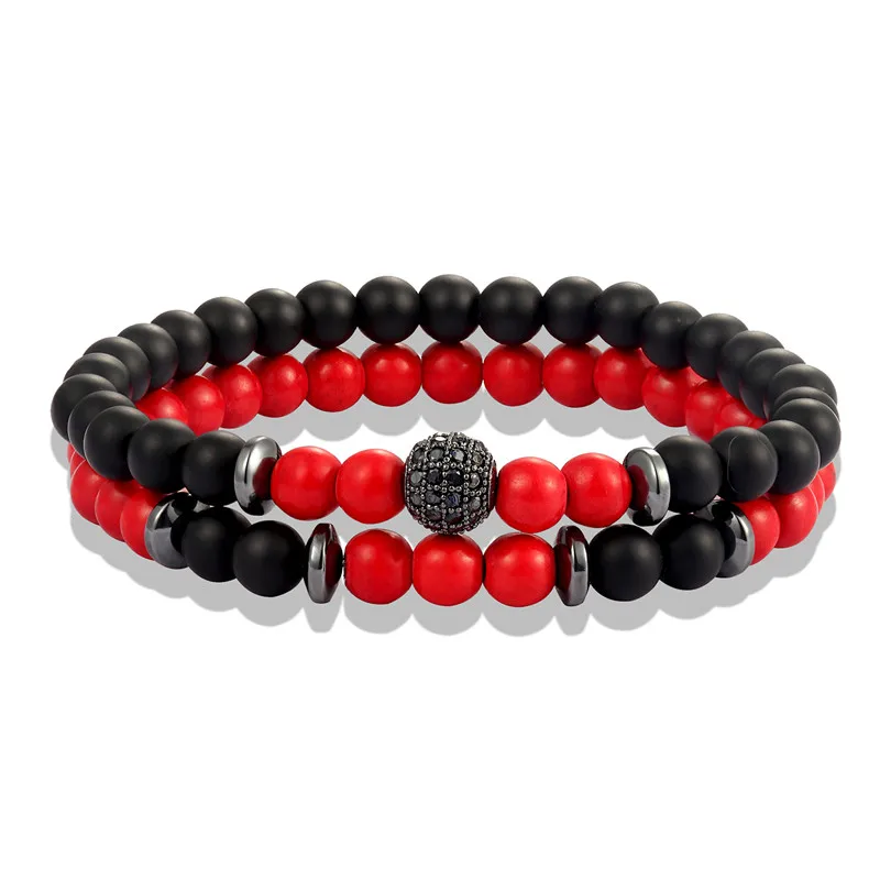 MKENDN Men Bracelet 6mm Natural Stone Beads CZ Bracelet Charm Lucky Bracelets& Bangles Homme Men Jewelry pulsera hombre - Окраска металла: Red