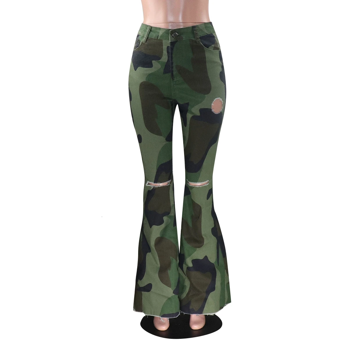 Camouflage Камуфляжные сексуальные расклешенные брюки для женщин с высокой талией и дырками, обтягивающие брюки, уличная одежда, эластичные повседневные винтажные джоггеры размера плюс - Цвет: Camouflage