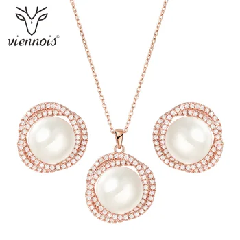 

Viennois Trendy Pearl Necklace and Stud Earrings Jewelry Set For Women Faux Pearl and Zircon Jewelry Set Fashion Jewelry