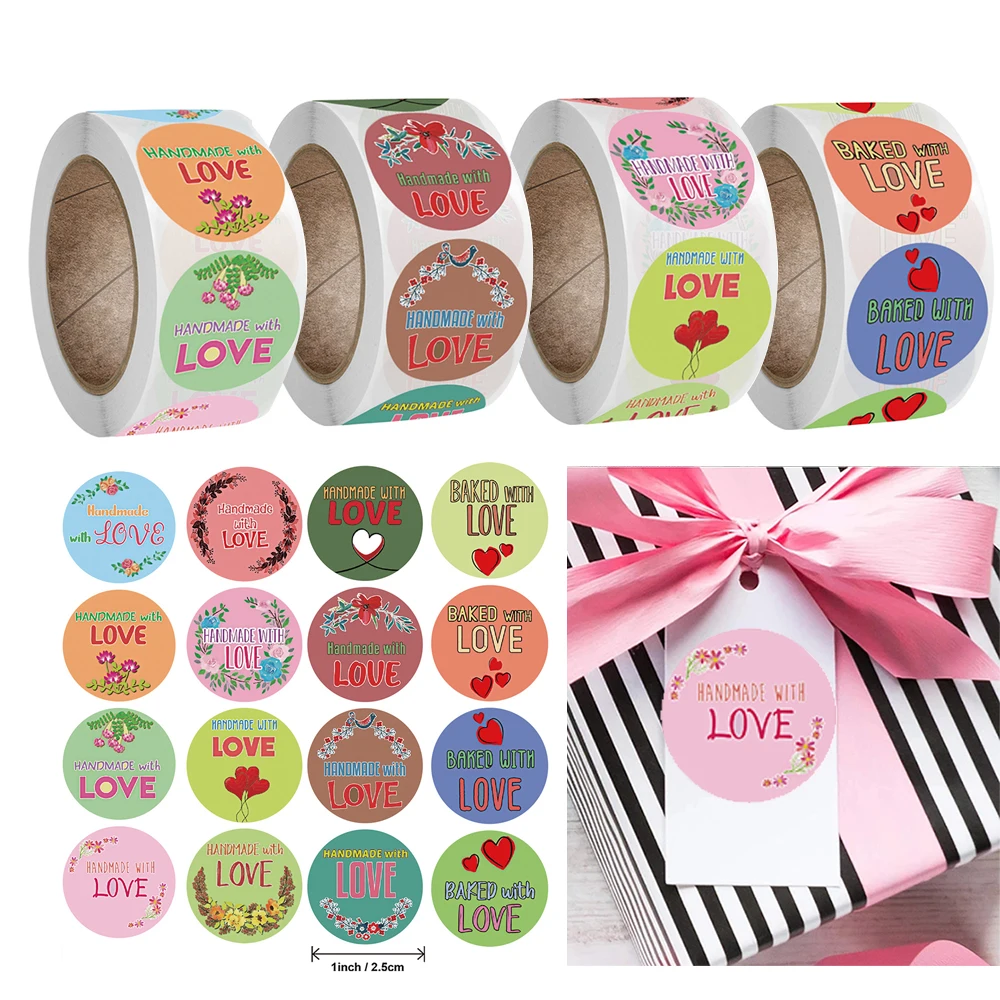 

500pcs 2.5cm Cute Retro Color Handmade with Love Stickers Baking Packaging Saling Decoration Diary Scrapbooking Stationery Label