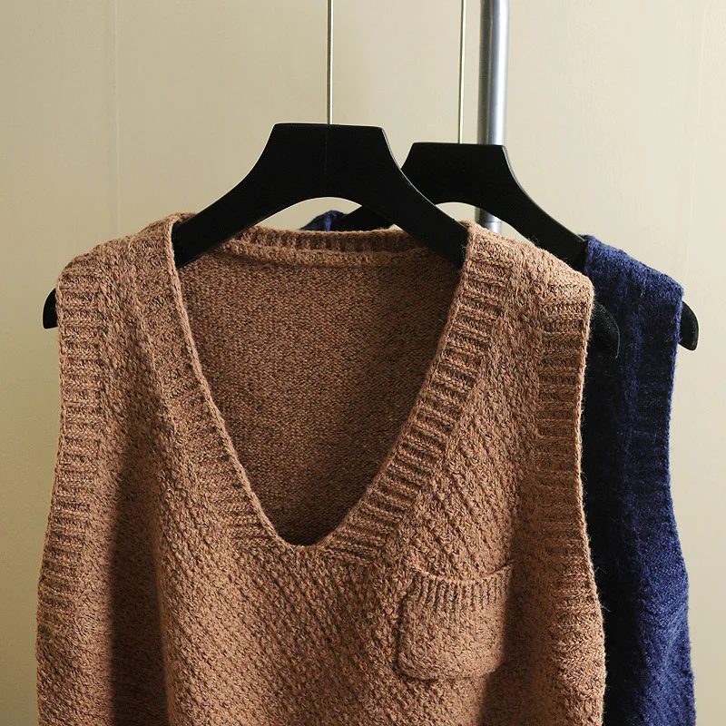 Осень 2019 корейский вариант без рукавов шерсть плечо v образный вырез вязаный