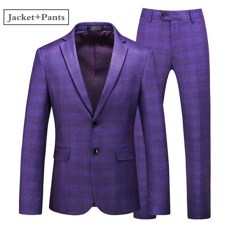 2 Piece Purple Plyesxale, синие, хаки, фиолетовые Мужские костюмы, новинка, высокое качество, мужские свадебные костюмы, облегающие, в клетку, формальные, нежные, мужские костюмы Q942 - Цвет: 2 Piece Purple