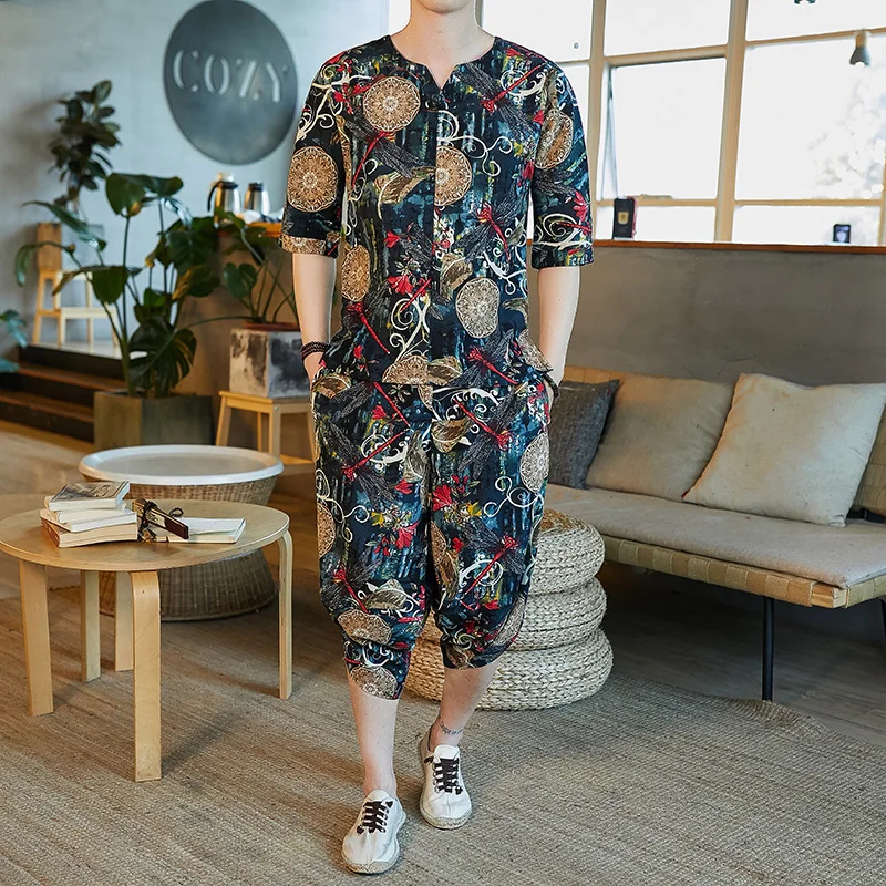 

Chinese Style Men's Half-length Sleeve Calf-length Pants Two Pieces Set Summer Clothing Thin Comfortable B77