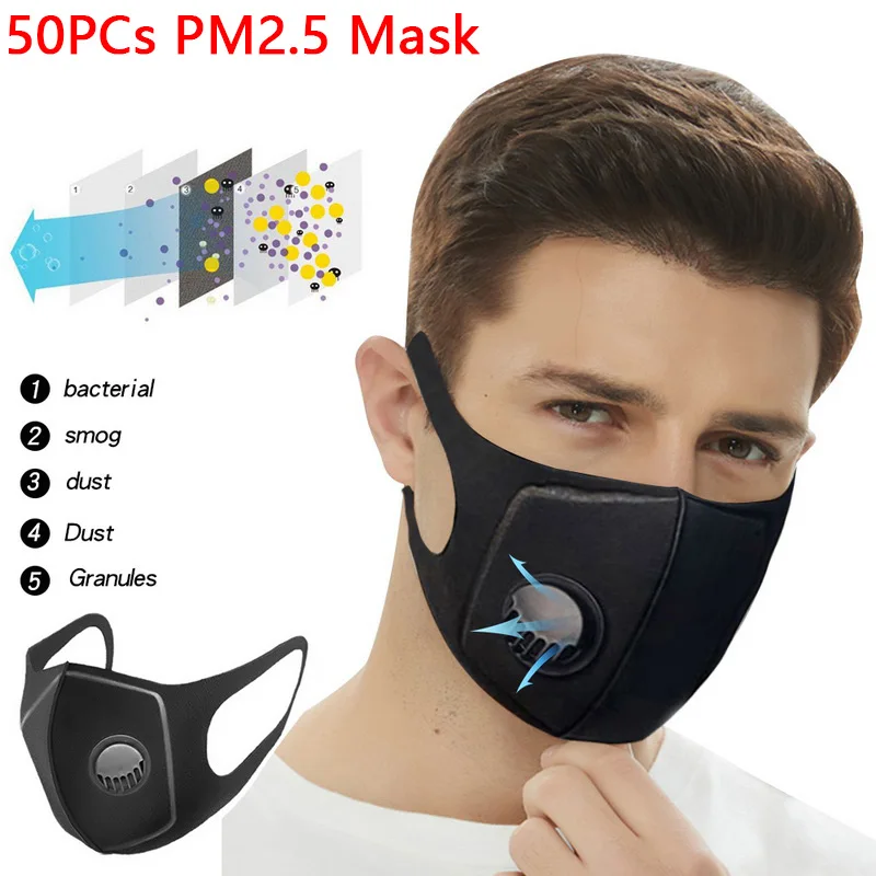 

50PCs PM2.5 Anti Pollution Face Mouth Mask Sponge Dust Masks Respirator Mask Anti Virus With Breath Valve Anti-Dust Breathable