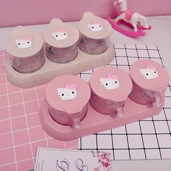 

Seasoning Storage Box cartoon kitty with Spoon 3-compartment Spice Box Storage Container Condiment Jars for Spice Sugar Salt