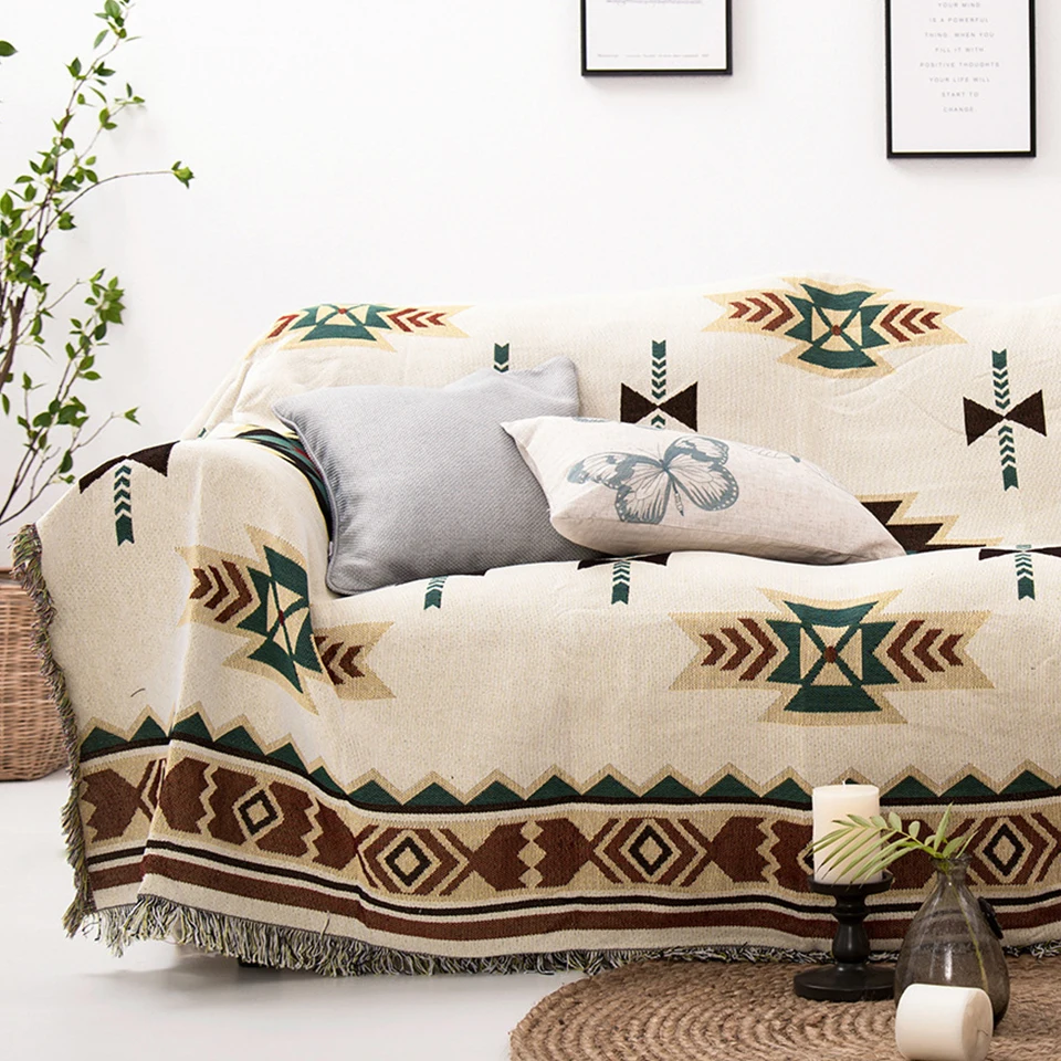 Bohemian Geometry Sofa Blanket Super Soft Cotton Knit Plaid Throw