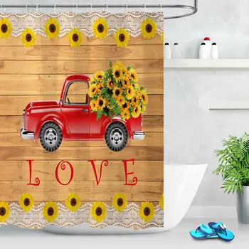 

Wood Board Red Farm Truck Sunflowers Bathroom Shower Curtain Waterproof Fabric