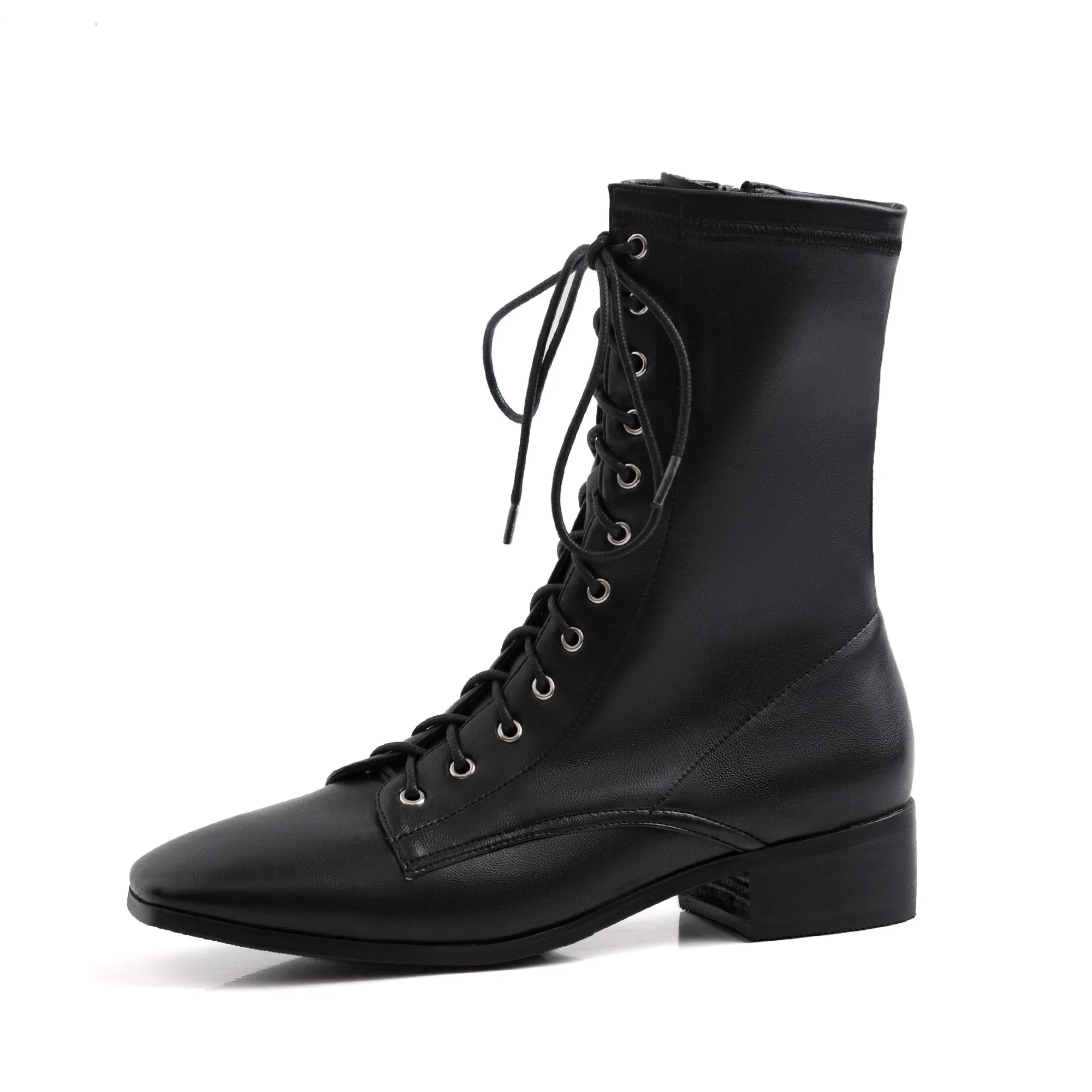 Meotina/Зимние ботильоны; женские полусапожки из натуральной кожи на блочном каблуке; обувь на молнии с квадратным носком; женская обувь черного цвета; сезон осень; размеры 34-39 - Цвет: Черный