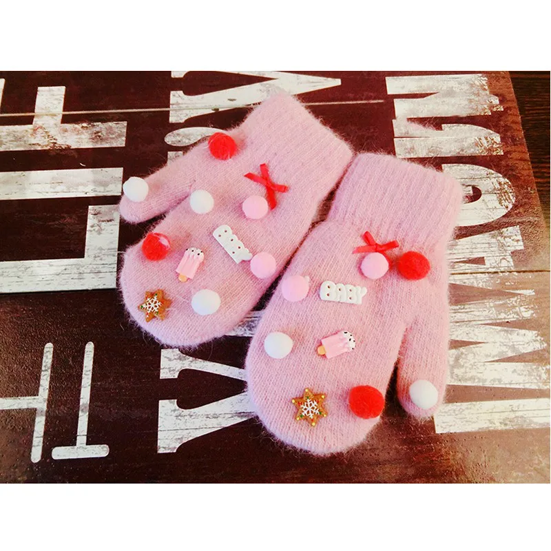 BalleenShiny/рождественские детские перчатки с героями мультфильмов, варежки из искусственного меха кролика, милые помпоны, зимние Утепленные перчатки со звездами для мальчиков и девочек, подарок - Цвет: pink