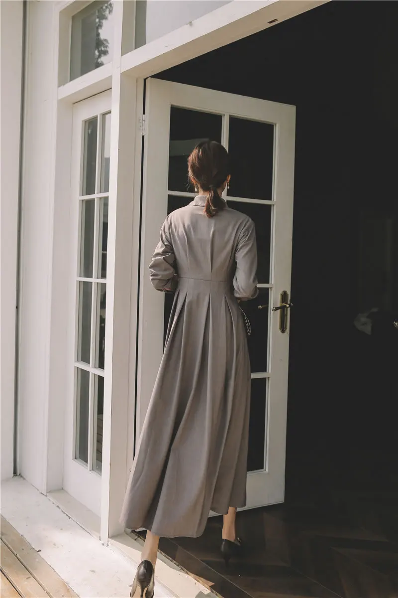 XITAO Grey Vintage Dress Women Elegant Long Sleeve Dresses Turn Down Collar Slim Was Thin Temperament Women Clothes DMY2296