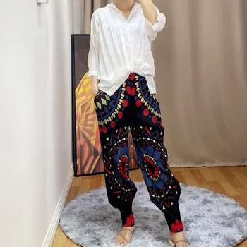 

LANMREM Pleated vintage printed bloomers 2020 spring and summer new elastic waist pants large size loose pleated trousers YJ428