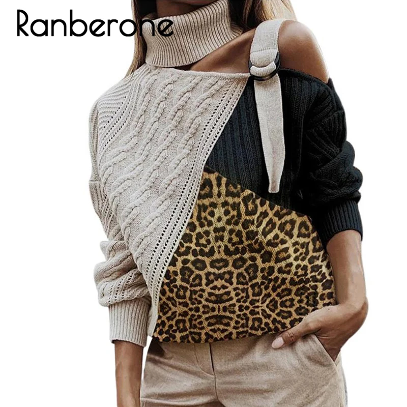 Ranberone Leopard Patchwork Turtleneck Sweater Women Sexy Off Shoulder Color Block Knitted Sweaters Batwing Long Sleeve Pullover Ranberone Leopard Patchwork Turtleneck Sweater Women Sexy Off Shoulder Color Block Knitted Sweaters Batwing Long Sleeve Pullover