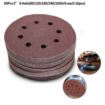 

50pcs/Set 5" 8 Hole 80/120/180/240/320Grit Hook & Loop Sanding Disc Sandpaper