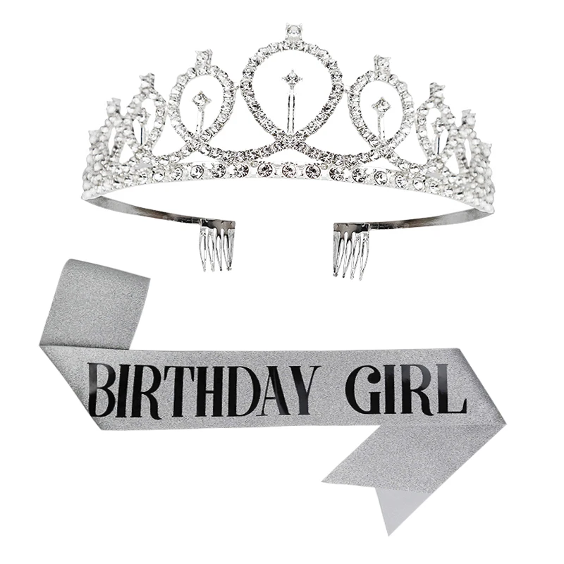 Gold Silver Glitter Birthday Sash Rhinestone Tiara 18th Crystal Crown Birthday Queen Satin Ribbon Sash For Birthday Party Decor