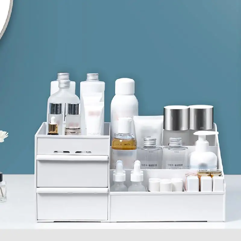 

Plastic Makeup-organizer With Two Sliding Drawers Individual Compartments Stationary Cosmetics Organizer Bathroom storage box